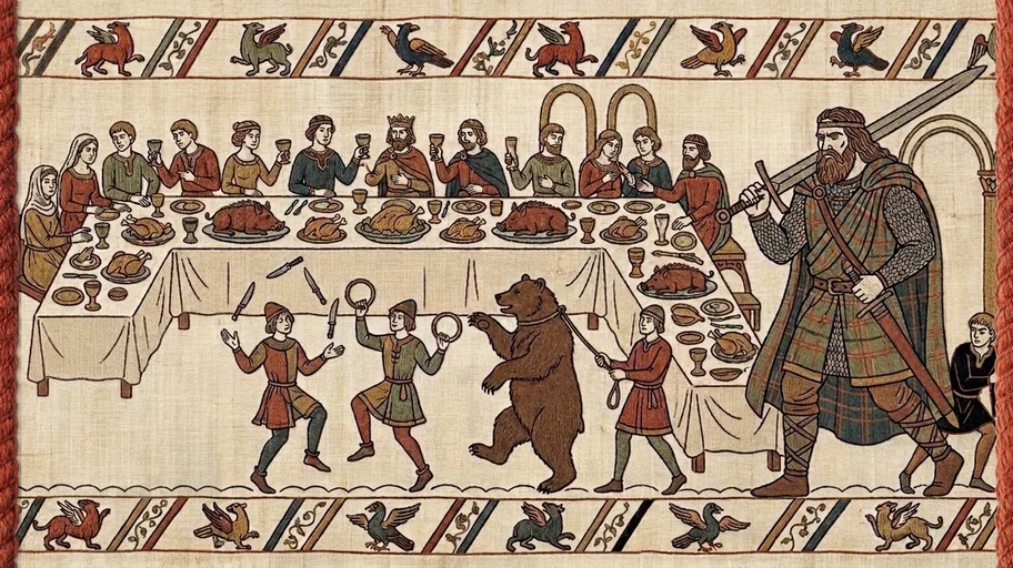 A royal feast with jugglers and a dancing bear, as a huge Scottish warrior strides in with his sword