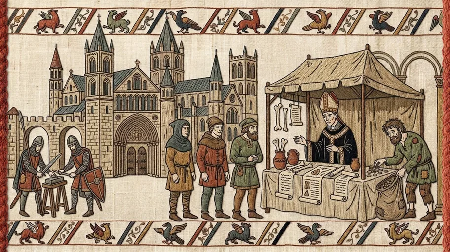 Before a great cathedral, an archbishop sells relics and pardons from a market stall
