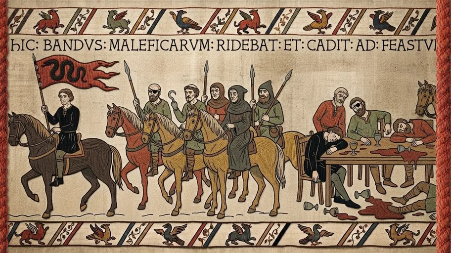 Edmund rides out under a serpent banner with a band of villains, who end up slumped at a poisoned feast