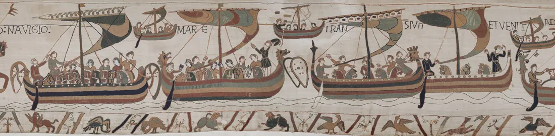 A fleet of ships under striped sails crossing the sea, from scene 38 of the Bayeux Tapestry